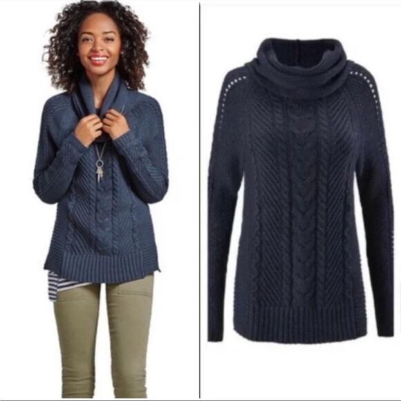CAbi Cable Knit Cowl Turtleneck Sweater Fisherman Preppy Navy Blue Size XS 3168 - Picture 1 of 6